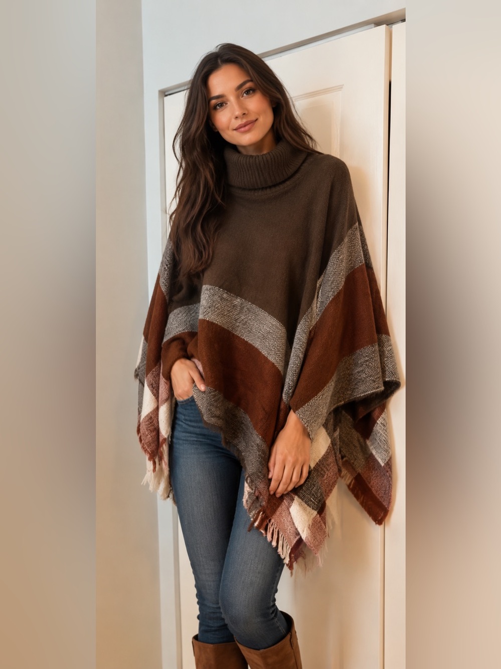Boho Colorblock Turtleneck Poncho Shawl Ellie Kate Fringe Wrap